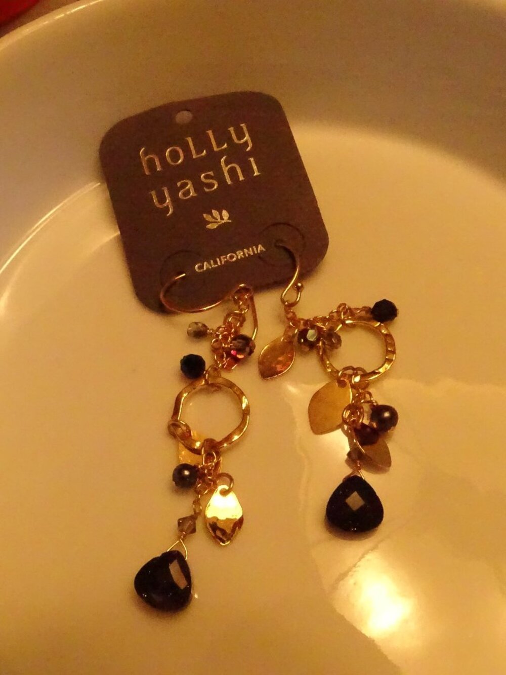 Holly Yashi Gold Tone Hammered Ring Dangle Earrings Midnight Sparkle Teardrop